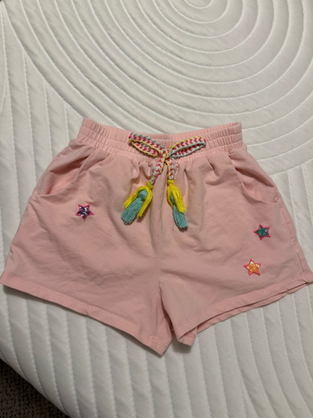 Hannah Banana Sequin Star Patch Shorts with Multicolor Tassel Drawstring